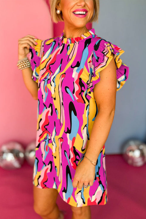 Abstract Print Frilled Neck Ruffled Sleeve Mini Dress